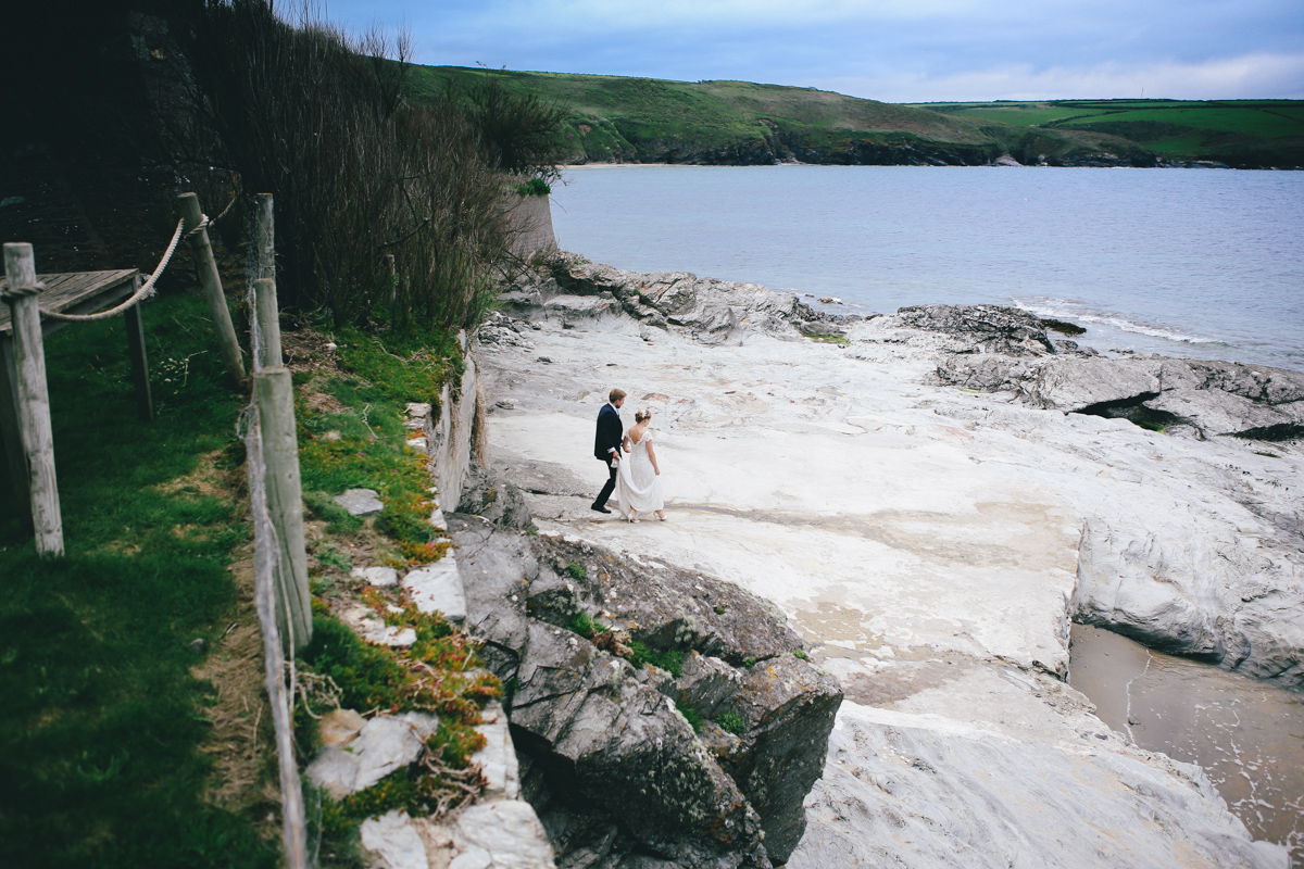 Bride and groom portrait at Prussia Cove, Cornwall Wedding by Love Oh Love Photography